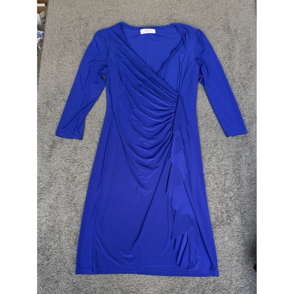 Kasper Royal Blue Faux Wrap Sheath Dress 3/4 Sleeve Ruched Ruffle V-Neck Sz L